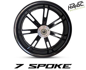 Havoc Motorcycles complete 18 x 5.5 fat tire kits for Harley Davidson bagger Street Glide, Road Glide, Road King, and Electra Glide. Complete with fat tire wheel, 180/55-18 fat front tire, fat front fender, and floating brake rotors.