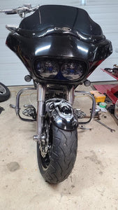 Havoc Motorcycles complete 18 x 5.5 fat tire kits for Harley Davidson bagger Street Glide, Road Glide, Road King, and Electra Glide. Complete with fat tire wheel, 180/55-18 fat front tire, fat front fender, and floating brake rotors.