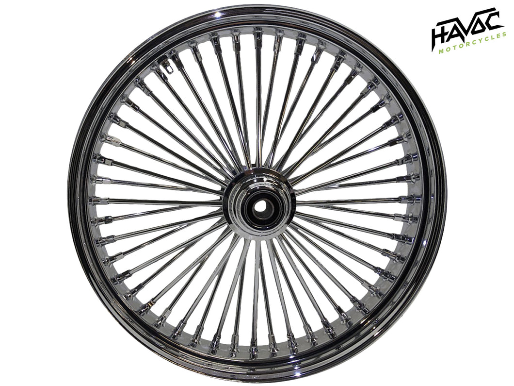 Fat Spoke Wheel, 21 x 3.5 Single Disc Front, All Chrome, FXST/C/S Softail Standard and Softail Custom 2000-2006 when installed with included axle spacers