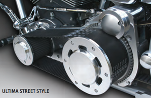 58-730 ULTIMA® EVO & TWIN CAM® SOFTAIL® 3.35” Street Style Belt Drive Assembly--Polished, cast backing plate, 1990-2006.